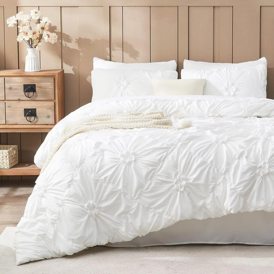 White Comforter Set Queen Size Bed in A Bag 7 Piece Pinch Pleat Bedding Set,Pintuck Ruched Flowers Bed Set with Comforter, Sheets, Pillowcases & Shams