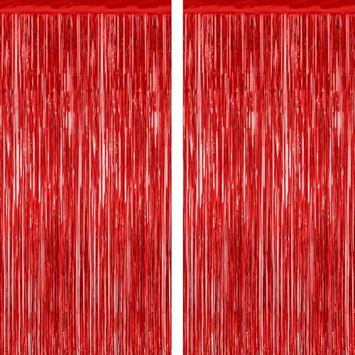 2 Pack Red Tinsel Backdrop, 3.28 FT x 7.05 FT Fringe Curtains, Red Foil Tinsel Party Streamer Backdrop Curtains for Valentines Day, Wedding Photo Backdrop Party Decorations for Wedding Anniversaries