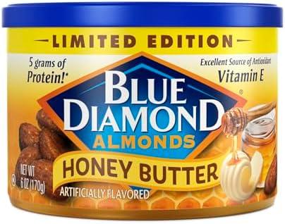 Blue Diamond Almonds, Snack Nut Flavored Honey Butter perfect for on-the-go and snacking, 6 Ounce Can Pack of 5, Best By: JUN 02 2026