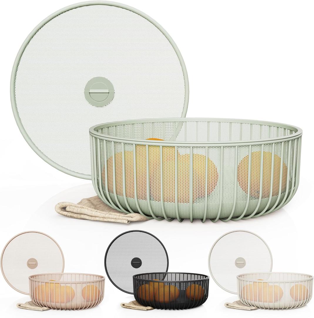 LIBKEN Metal Fruitbasket with Mesh Lid and Basket - Fruit and Vegetable Holder For Kitchen Counter - Countertop Display Baskets Organizer - Bowl Storage for Veggie, Fruits, Snack, and Banana - Green