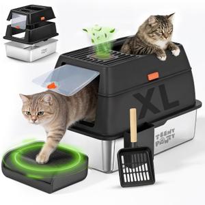 XL Stainless Steel Cat Litter Box with Enclosure and Pooper Scooper - Durable Black Metal Litter Box for Big Cats, High Sides for Anti-Leakage, Never Absorbs Odors, Non-Sticky - (60x40cm) (Black)