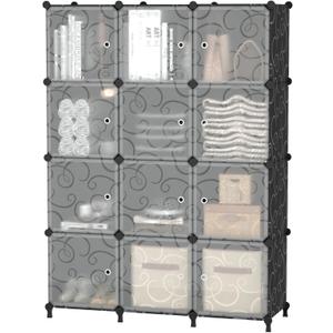 AWTATOS 12 Cube Storage Organizer with Doors, DIY Plastic Closet Shelf, Modular Bookshelf, Stackable Shelving Rack for Bedroom, Living Room, Black ULPZ012