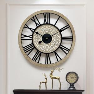 Large Farmhouse Wall Clock for Living Room Decor,24 in Round Carved Wooden Wall Clock,Rustic Silent Non-Ticking Decorative Wall Clocks for Bedroom/Kitchen/Entryway/Office/Dining Room