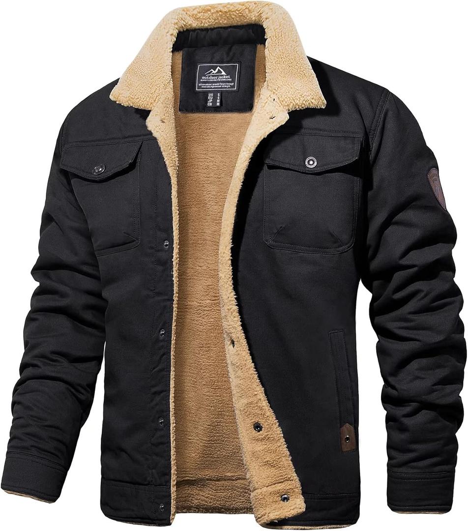 MAGCOMSEN Men's Winter Jacket Lined Sherpa Jacket Warm Trucker Coat Multi Pocket (X-Large, Black)