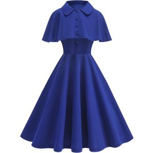 1950s Vintage Cocktail Dresses for Women Wedding Guest Church Modest Party Prom Dress with Shrug Peter Pan Collar Retro 50s Style Dresses for Women Formal Homecoming Rockabilly Dress Royal Blue XL