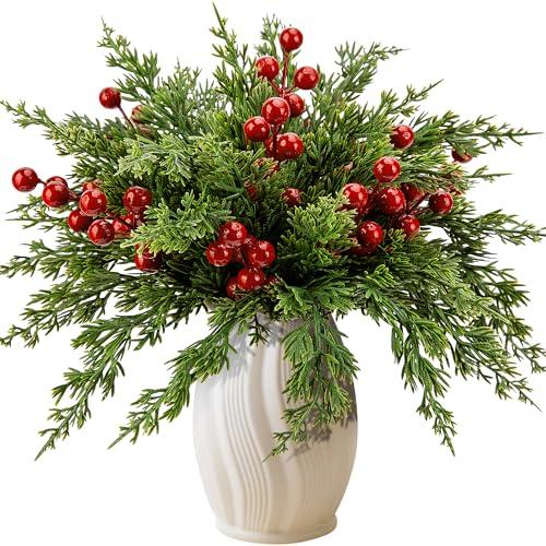 Watayo 45 Pcs Christmas Artificial Pine Branches with Red Berry Stems, 10.5" Faux Evergreen Norfolk Pine Cypress Leaves Stems, Fake Foliage Pine Needles Picks for DIY Craft Garland Home Decor