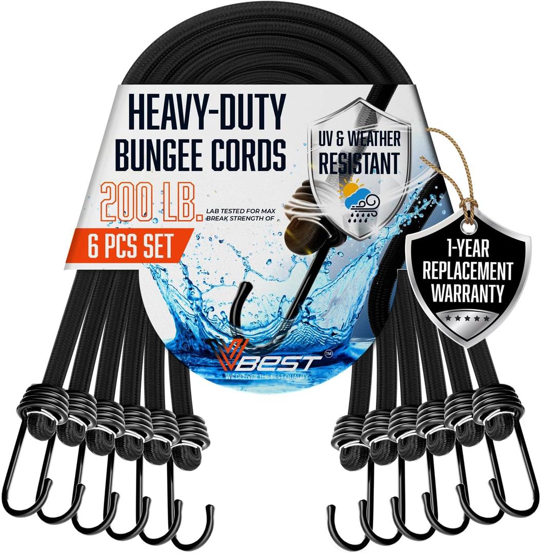 Bungee Cords with Hooks 48 Inch - 6 Piece Heavy Duty Black Bungie Cords for Outdoor Use, UV & Weather Resistant