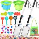 Beach Sand Toys Set with 2 PCS Adjustable Shark Tooth Sifter, Collapsible Beach Bucket,Sandbox Shovels,Sand Castle Kit,Diving Gem,Seashell Bags,Sand Sifter Shell Scooper Beach Essentials for kids 3-12