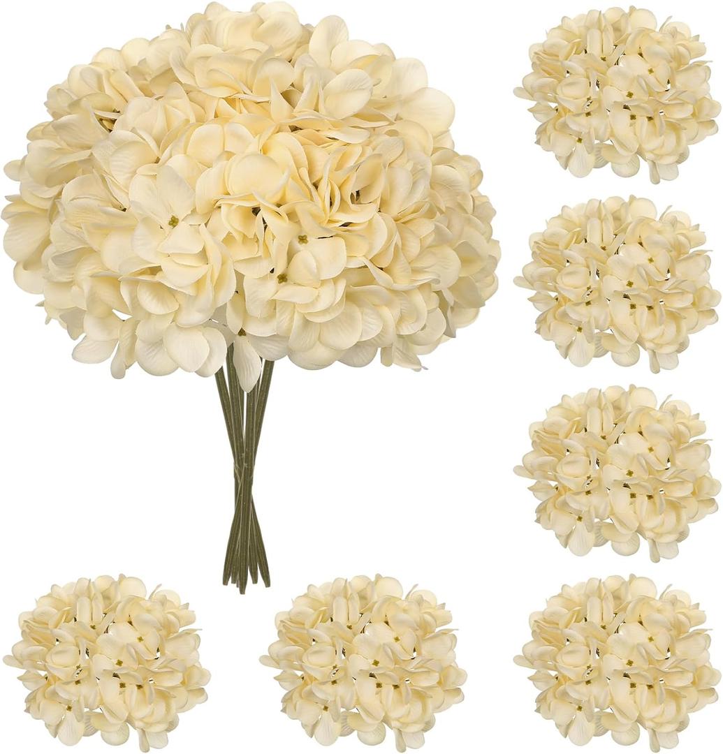 Hollyone 6 Pcs Beige Hydrangea Artificial Flowers Heads with Stems Silk Faux Hydrangea Champagne Fake Flowers for Home Indoor Outdoor DIY Floral Wedding Flower Bouquets Kitchen Table Centerpiece Decor