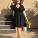 Manllenshie Womens Plus Size Summer Dress Casual Short Sleeves Deep V Neck Twist Knot Front Flowy Dress with Pockets (Black, XXL)
