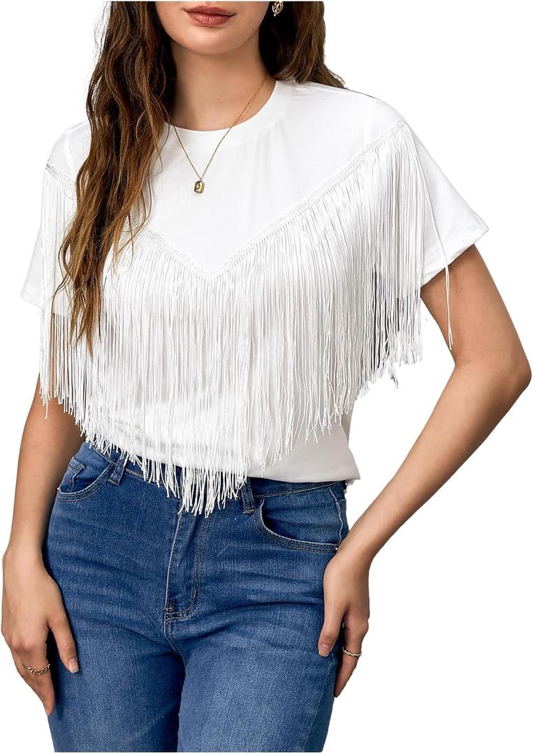 Verdusa Women's Short Sleeve Fringe Tops Tassel Trim Cowgirl Shirts Western Outfits (Large, Light White)