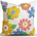 Throw Pillow Covers 18x18 - Tufted Decorative Pillow Cover with Zipper for Couch Sofa Bed Living Room Aesthetic Cute Soft Spring Summer Farmhouse Indoor Pillowcase, Five Color Flower