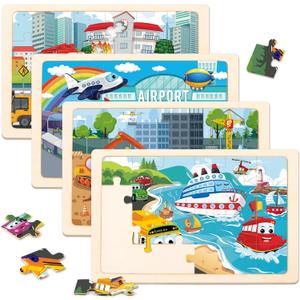 Wooden Puzzles for Kids Ages 3-5, 4 Packs Puzzles for Kids Ages 4-6, 24-Piece Truck Vehicle Wood Jigsaw Puzzles for Toddlers 3-5,Preschool Educational Toys Gifts for Children Ages 4-8 Boys (Vehicle)