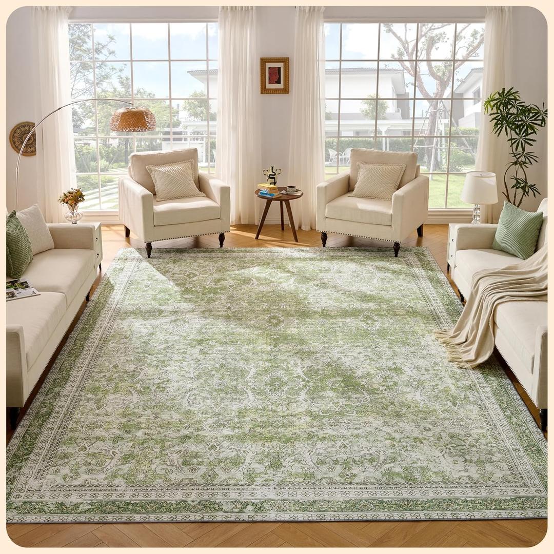 Istana Living Room Rug 10x14 - Stain Resistant Washable Light Green 10 x 14 Area Rug - Foldable Machine Washable Area Rugs 10x14 - Stylish 10x14 Area Rugs Boho