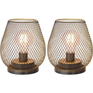 NEEDOMO Set of 2 Battery Operated Lamp Outdoor Table Lantern, LED Metal Cage with Timer Mode, Vintage Decorative Lights Cordless Lamp Indoor Outdoor Patio Bedroom Living Room (Golden)