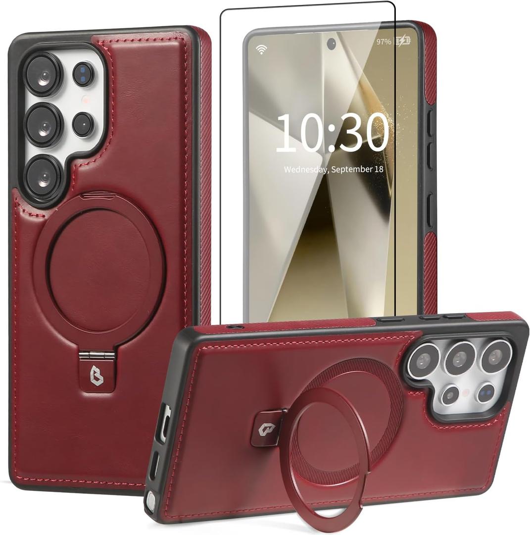 for Samsung Galaxy S25 Ultra Case with Stand Magnetic, Compatible with MagSafe Ring Leather Case, with Camera Lens and Screen Protector, Protective Military Grade Shockproof, Burgundy