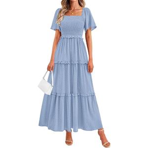PRETTYGARDEN Summer Dresses for Women 2026 Boho Swiss Dot Smocked Square Neck Short Sleeve Spring Wedding Guest Maxi Dress, 2XL