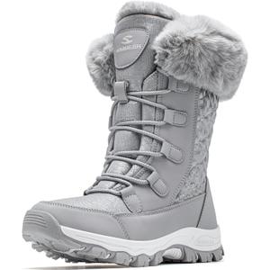 HOBIBEAR Women's Winter Snow Boots Waterproof Lightweight Warm Faux Fur Lined Mid-Calf Booties, Light Grey, Size 12 Women