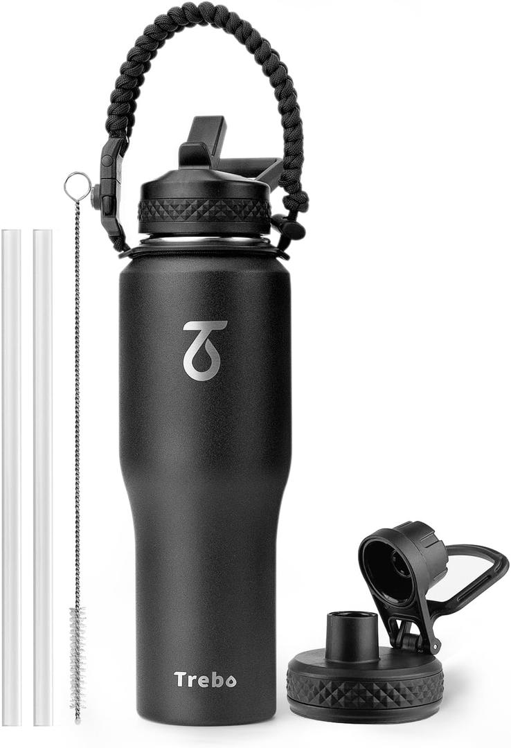 Trebo 32 oz Water Bottle Insulated Fit in Any Car Cup Holder,Triple Wall Vacuum Stainless Steel Water Bottles (Keep Cold for 48 Hrs),Leakproof Tumbler Flask with Paracord Handle,Straw Spout Lids (Black)