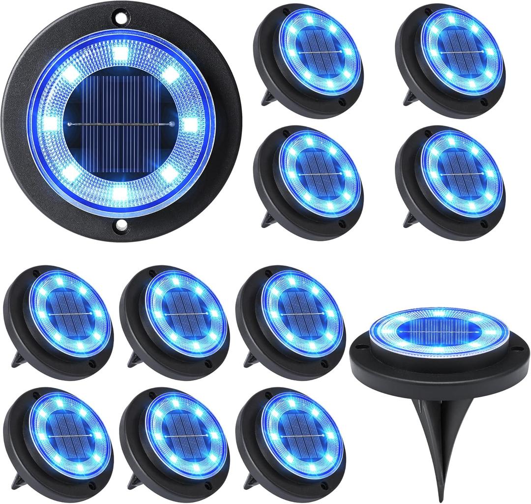 Flacchi Solar Lights Outdoor Waterproof - 2-in-1 Solar Powered Ground Lights Outdoor Solar Disk Light Landscape Light for Deck Step Patio Yard Pathway Walkway Driveway Garden (Blue, 12 Pack)
