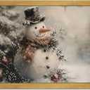 Vintage Christmas Wall Art 8x10 inch, Wood Framed Cute Snowman Canvas Wall Decor Painting, Rustic Winter Scene Painting White Xmas Poster Print Picture for Farmhouse Home Bedroom Decor