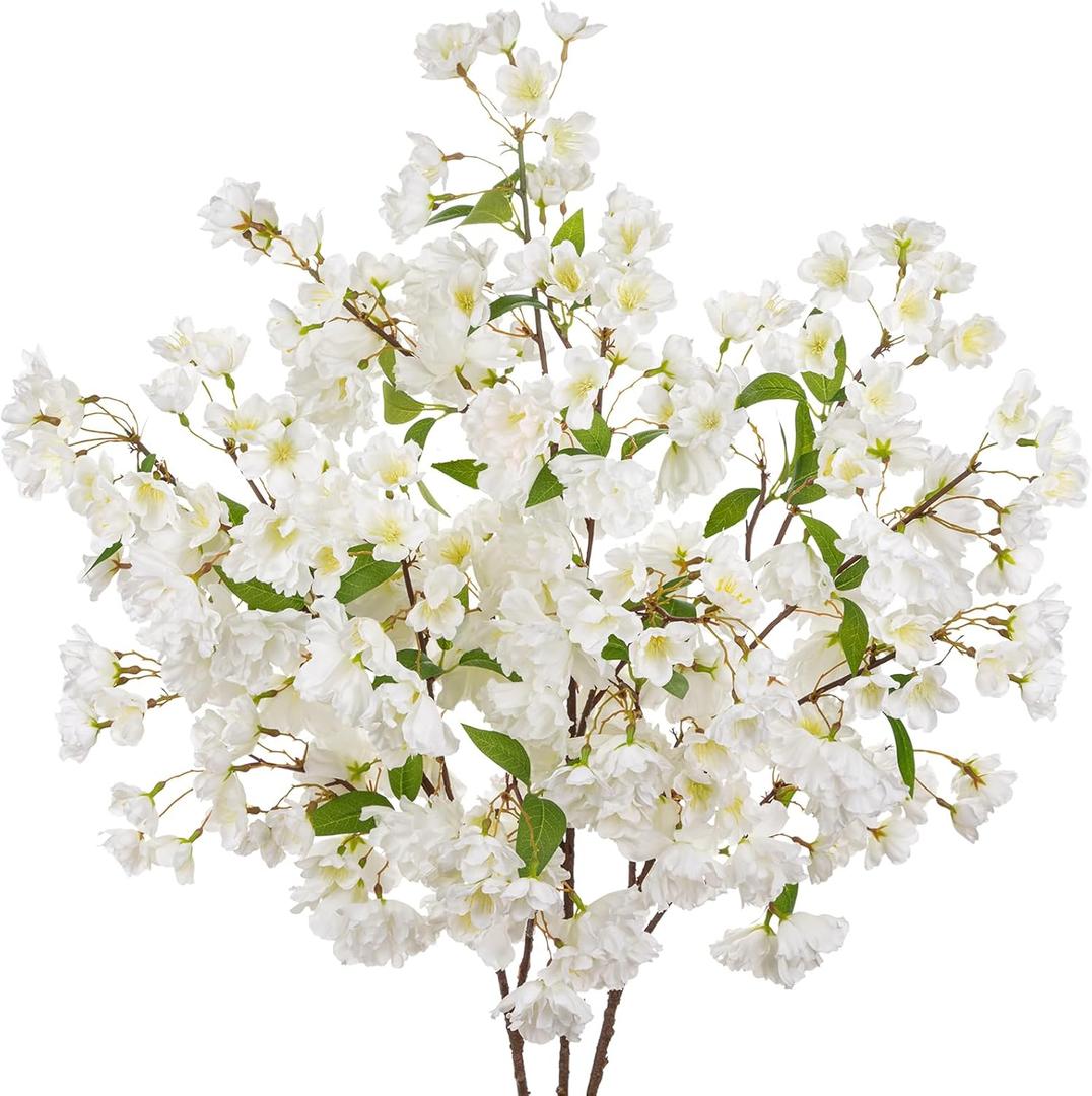 Hollyone 3 Pack Artificial Cherry Tree Branches, 41 Inches Tall Artificial Flowers for Decoration, Artificial Cherry Blossom Silk White for Home Decoration, Wedding