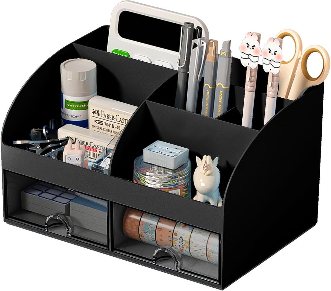 Desk Organizer with 6 Compartments and 2 Drawers, Plastic Makeup Organizer, Pen Holder for Desktop Storage, Desk Organization for School, Home, Office Supplies (Black)