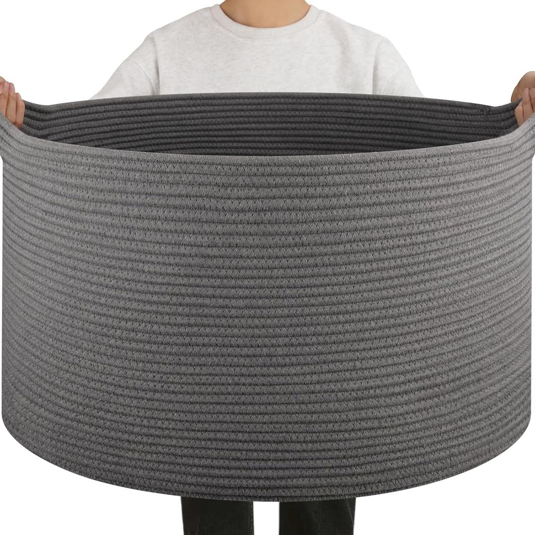 OIAHOMY 90L Blanket Basket for Living Room, Large Basket 23" x 23" x 13" with Handle, Laundry Hamper for Blankets, Pillows, Toy Storage for Kids, Dogs - Grey