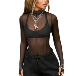 Sheer Long Sleeve Tops for Women Mock Neck T Shirts Sexy See Through Mesh Slim Fit Going Out Lace Tee Tops Black Large