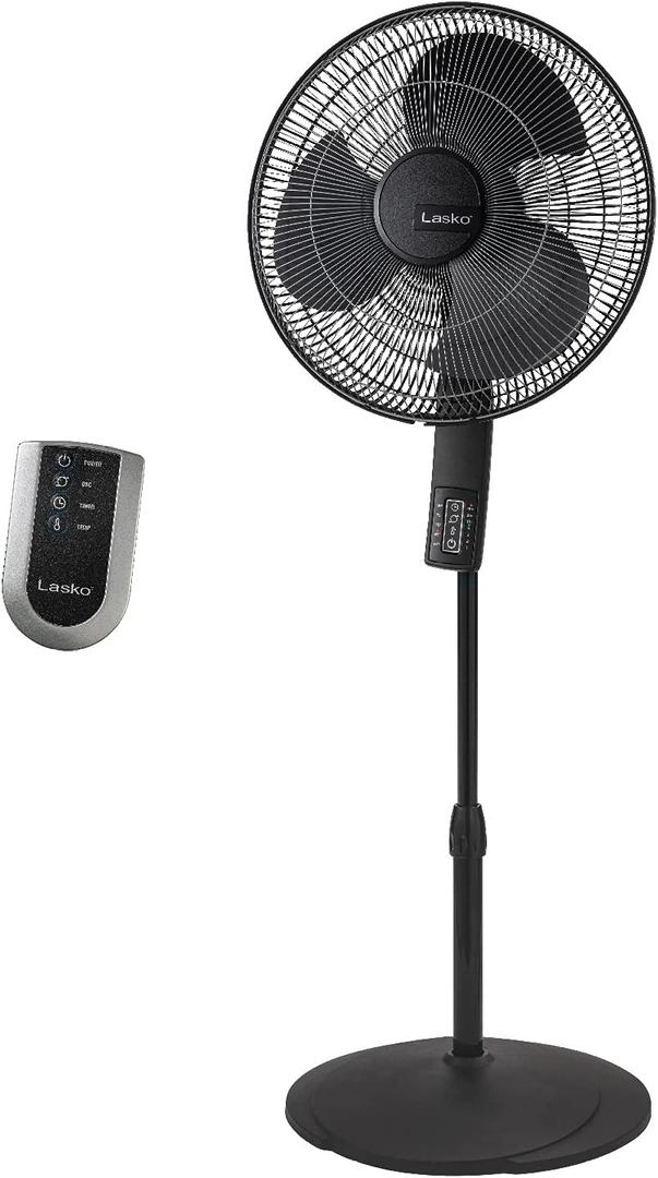 Lasko Oscillating Pedestal Fan, Thermostat, Adjustable Height, Remote Control, Timer, 4 Speeds, for Bedroom, Living Room, Office & Dorm, 16", Black, S16612