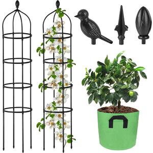 Garden Obelisk Trellis for Climbing Plants Outdoor 6 Ft Rose Bush Round Trellis with Grow Bag for Pots Rustproof Metal Pipe with Plastic Coated Plant Flower Trellises for Clematis Vine Jasmine Support (Black)