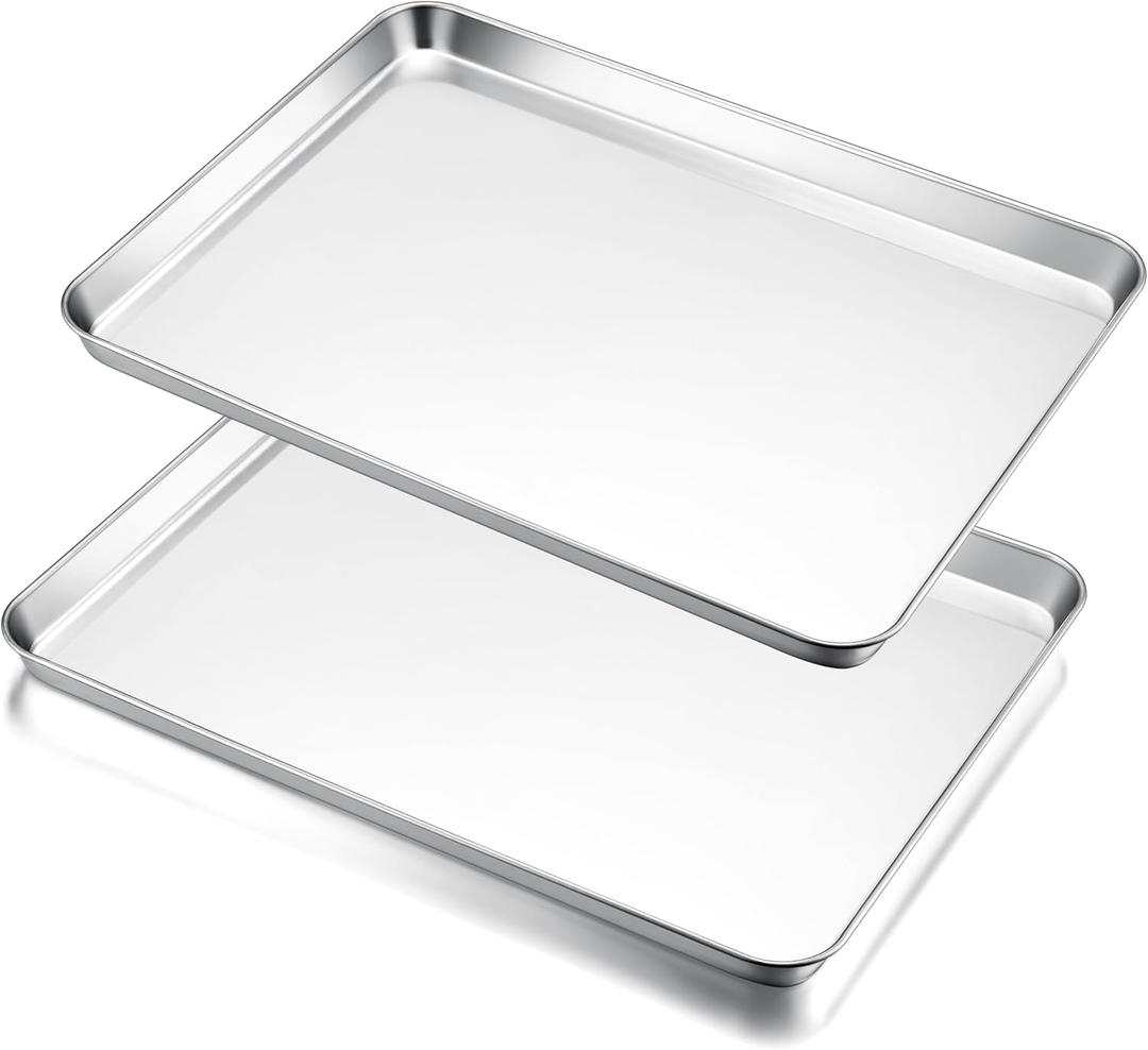 E-far Large Baking Sheets, 20x14 Stainless Steel Cookie Sheet Pans for Oven, Non Toxic Big Metal Baking Trays for Cake Cookies, Healthy & Rust Free, Mirror Finish & Dishwasher Safe, 2 Pack (19.7"x 13.8")