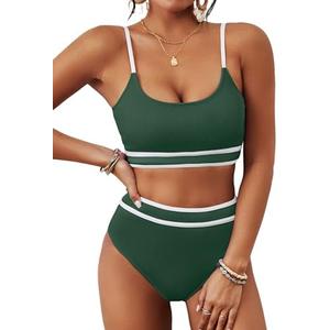 BMJL Women's High Waisted Bikini Ribbed Two Piece Swimsuit High Cut Color Block Adjustable Straps Bathing Suit (S)