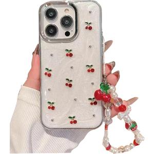 Cute Case for iPhone 14 Pro,Red Cherry Pearls with Phone Charm Chain,Pearlized Fruit Case for Women Girls Designed Shockproof