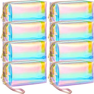 Dunzy 8 Pcs Holographic Iridescent Clear Makeup Bags with Zipper Travel Cosmetic Pouches with Wrist Loop Waterproof Toiletry Organizer Case Home Office Beach Pouch Purse Diaper Vacation Gift Bag(M)