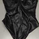 Popilush Leather Corset Bodysuit for Women Tummy Control V Neck Thong Shapewear Sleeveless Going Out Outfits Tank Top Black Body Suit, Small