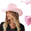 SHENYI Cowgirl Hat and Bandana and Heart Sunglasses Glitter Rhinestone Star Cowboy Hat Western Sparkly Hats for Women Men, One Size-Medium