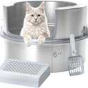 Stainless Steel Cat Litter Box with Lid, Extra Large 11.8" High Side Round Metal Litter Pan with Litter Scoop & Litter Box Step, Durable, Odor Control, Easy Clean for XL/XXL Big Cats & Multi-Kitty
