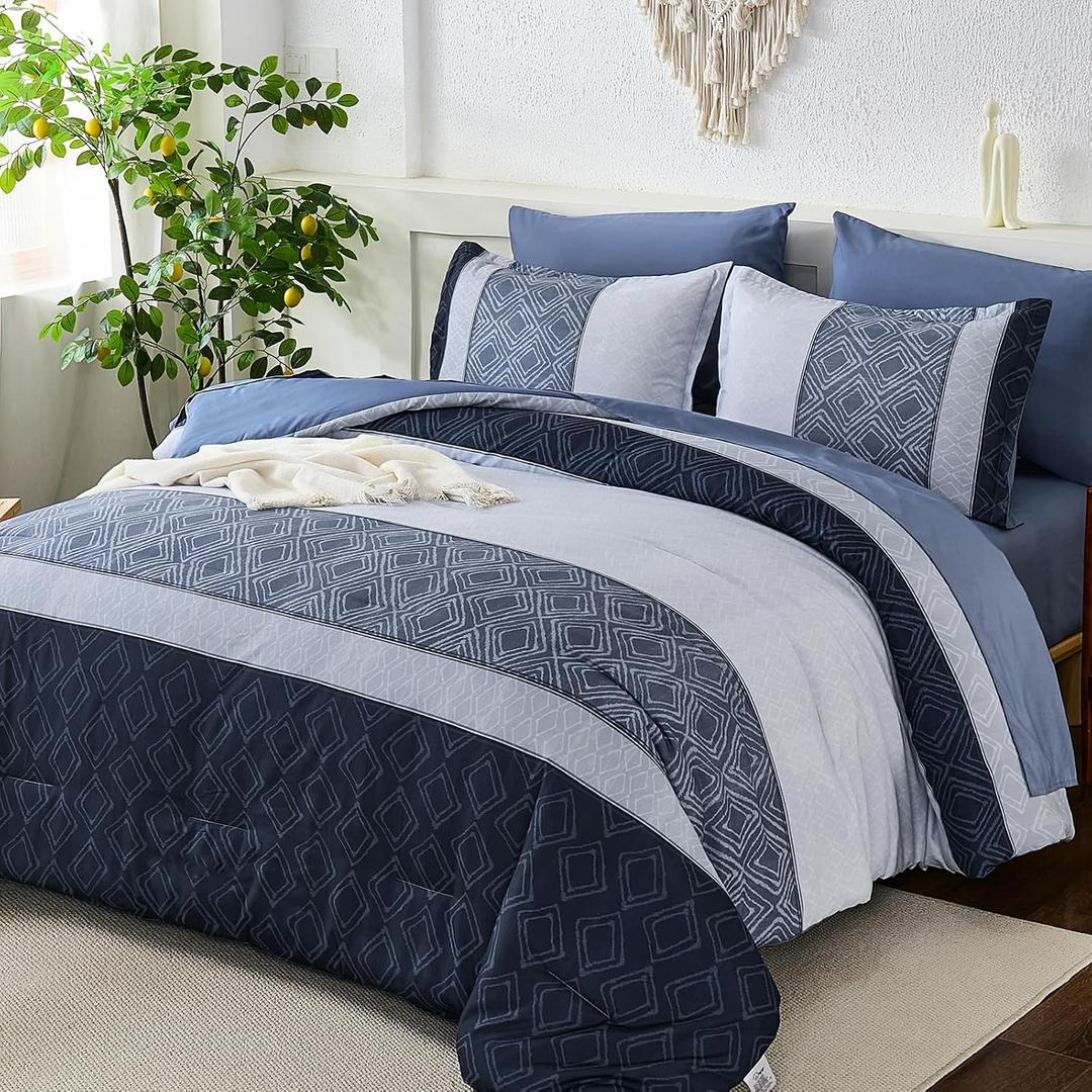 Dinjoy Blue King Size Comforter Set,Striped Boho Bed in a Bag King 7 Pieces Soft Fall Bedding Comforters Microfiber Mineral Blue Complete Sets for All Season