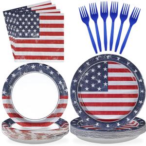 Grencian American Flag Patriotic Party Supplies Veterans Day Patriotic Paper Plates and Napkins USA Flag Themed Disposable Tableware for Veterans Day 4th of July Party Decorations Serve 24