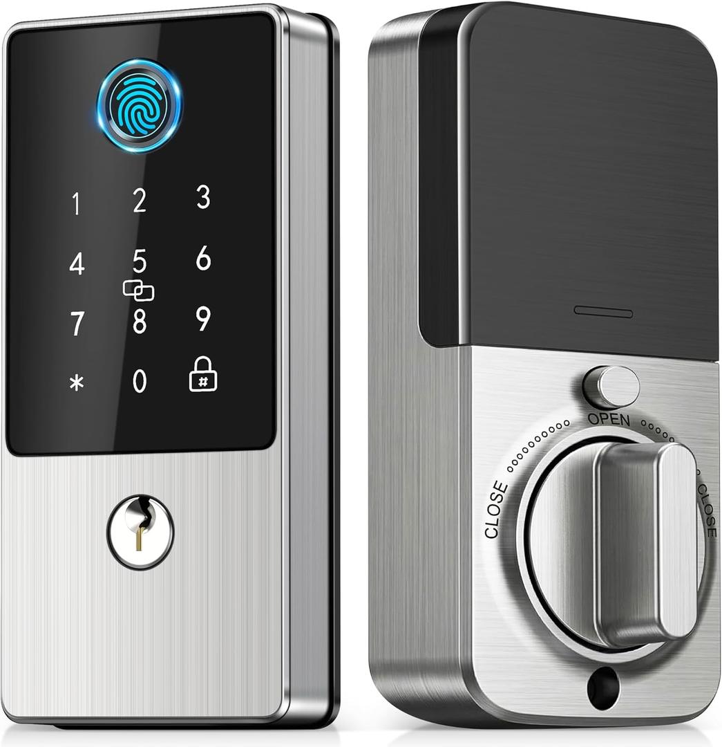 Smart Deadbolt Lock, Keyless Entry Door Lock with Keypad, Biometric Fingerprint Smart Lock for Front Door & Home Rental, App Control, Auto Lock, Long Battery Life, Nickel