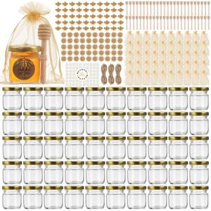 TOEKSIX 48 Pack 1.5 oz Round Mini Honey Jars with Gold Lids,Dipper, Stickers and Tags,Round Small Glass Jars for Baby Shower Favors/Wedding Favors/Party Favors,Mini Canning Jars for Candle,Spices,Jam