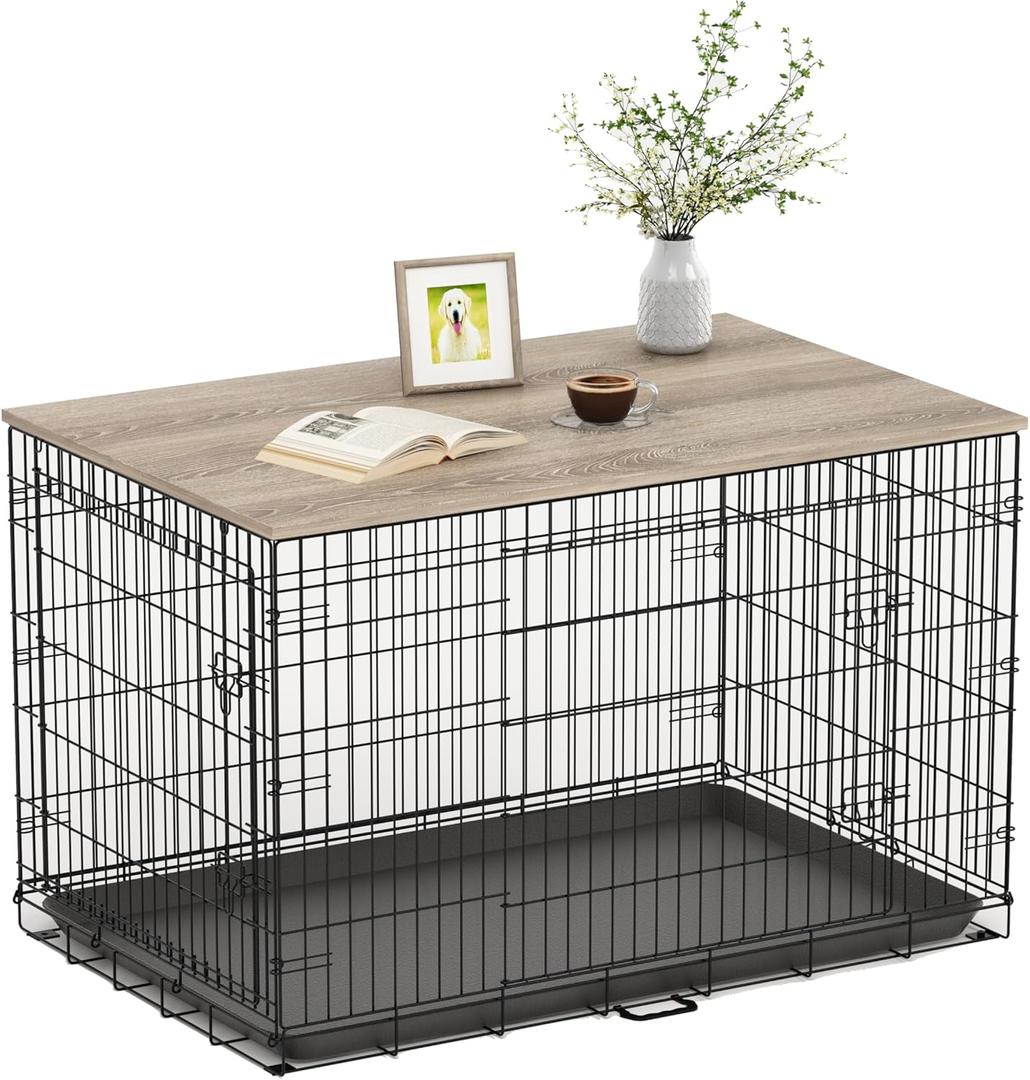 Piskyet Dog Crate Topper Wood Countertop for 48 42 36 30 24 inch Dog Cage, Dog Crate Cover,Dog Kennel Topper(Crate Not Include) (Grey, for 42 Inch Crate)