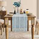 ZeeMart Farmhouse Braided Striped Table Runner, Rustic Blue Table Runners 90 Inches Long Boho Home Decor, Dusty Blue 15x90 Inches