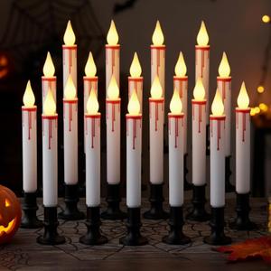 Baquler 20 Pieces Halloween Window Candle Lights with Sensor Dusk to Dawn Flameless Taper Candles Bulk Drip Wax Battery Operated Candle LED Candlesticks for Halloween Indoor Decoration Party (White)