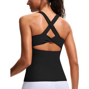 Cross Back Athletic Yoga Tops Workout Tank Top with Built-in Bra for Gym Pilates (Black, L)