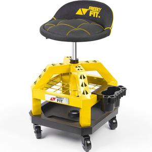 Rolling Shop Stool for Garage with Casters, DO02-Adjustable Height 360 Swivel Shop Seat with Tool Tray Storage, 330 LBS Capacity Padded Mechanic Stool, Yellow