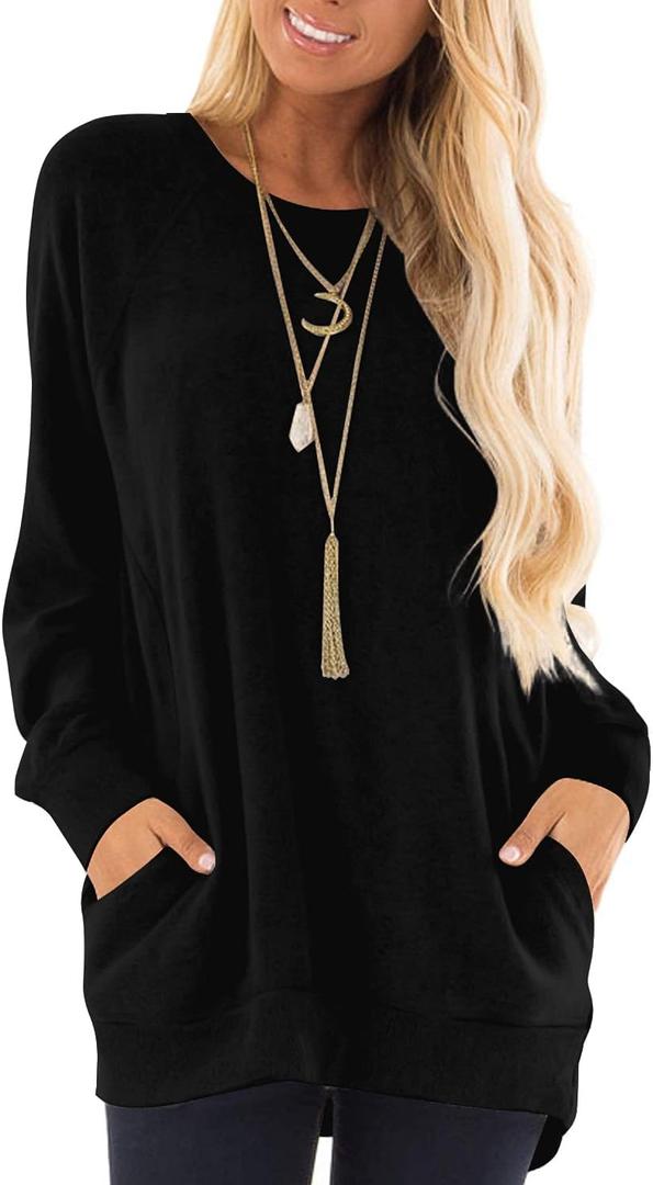 KUOTAI Womens Tunic Tops Casual Long Sleeve Blouses Fashion Crew Neck Tshirts with Pocket(Black, Large)