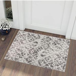 Wonnitar Moroccan Washable Area Rug Small 2'x3' Grey Distressed Entryway Rug Non-Slip Doormat Modern Geometric Trellis Throw Rug for Bathroom Laundry Room Indoor Office (Silver Grey, 2'x3')