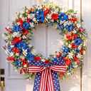 Suncalla Patriotic Wreaths with Bow 4th of July Red White Blue Flowers Outdoor for Front Door Memorial Day 250th Anniversary American Flag Large Bow Wreath for Independence Day Home Decor